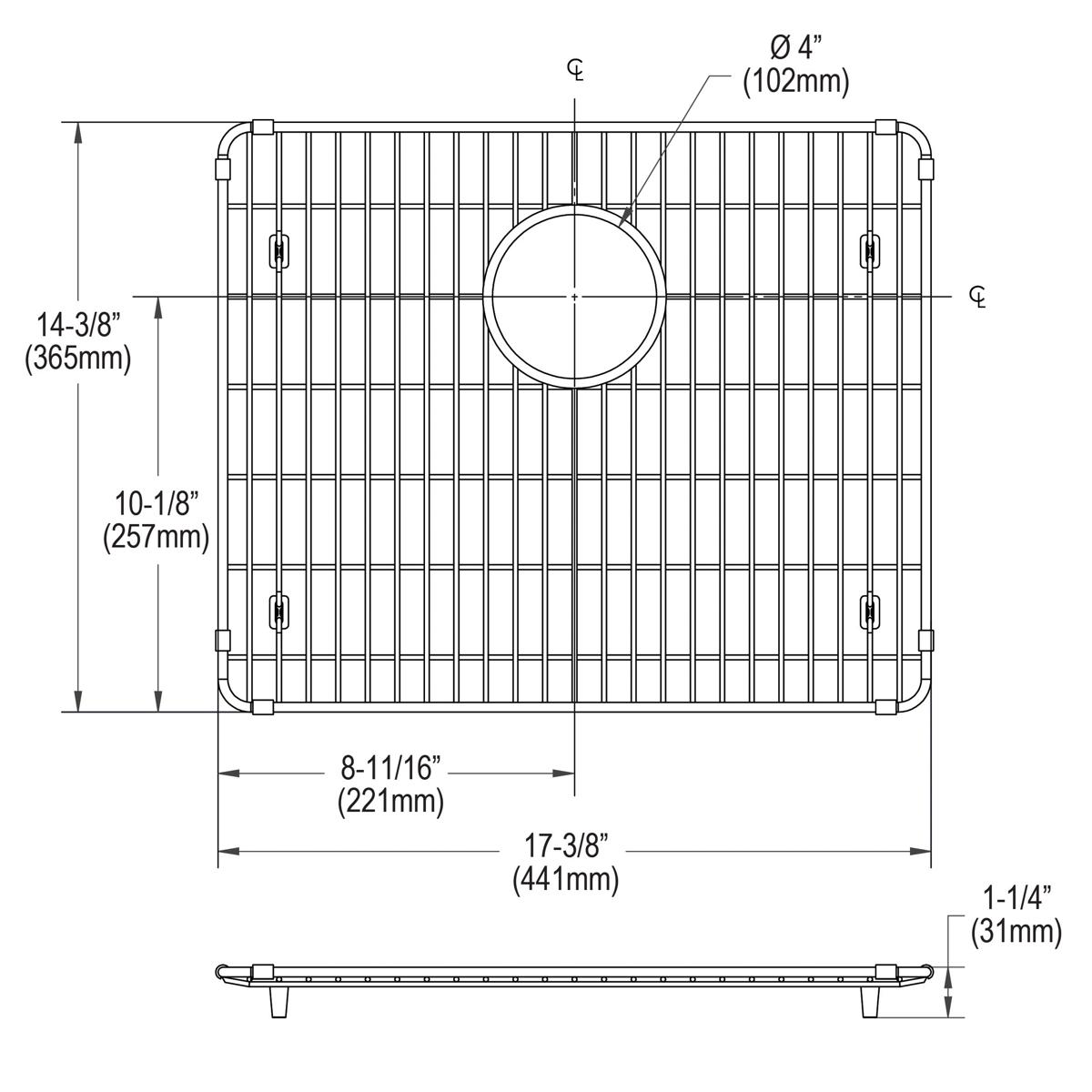Stainless steel sink grid with vertical slats, centered circular drain opening, and mounting feet, shown in top and side view