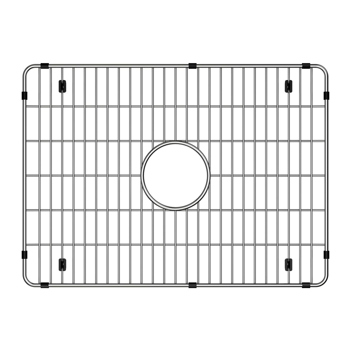 Stainless steel sink grid with vertical bars and center drain opening, viewed from above.