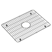 Stainless steel sink grid with parallel slats and center drain opening, four corner feet visible.