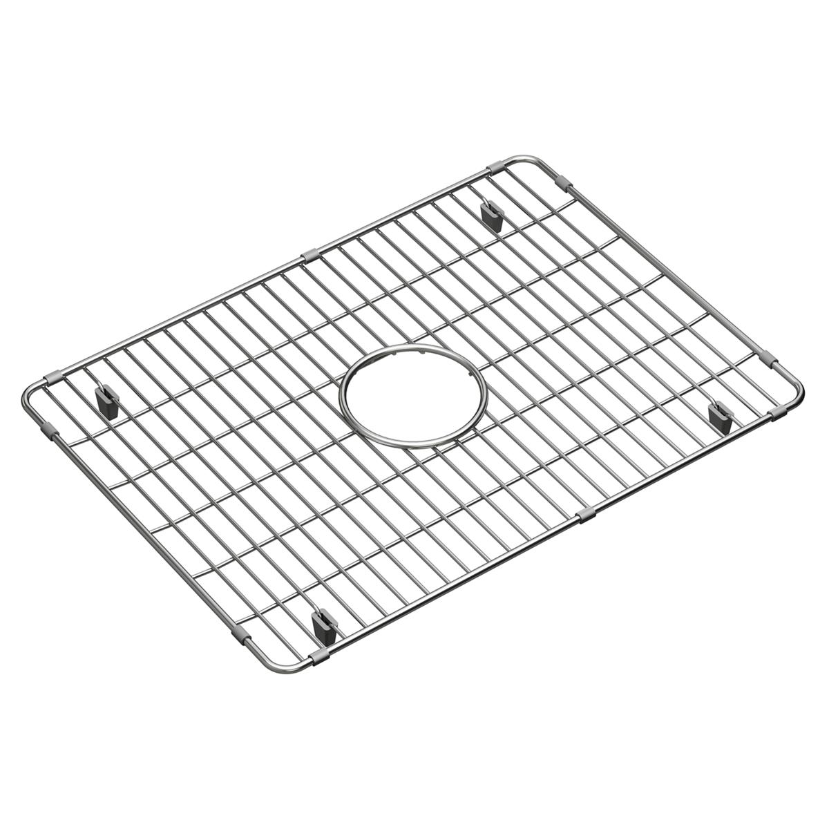 Stainless steel sink grid with parallel slats and center drain opening, four corner feet visible.