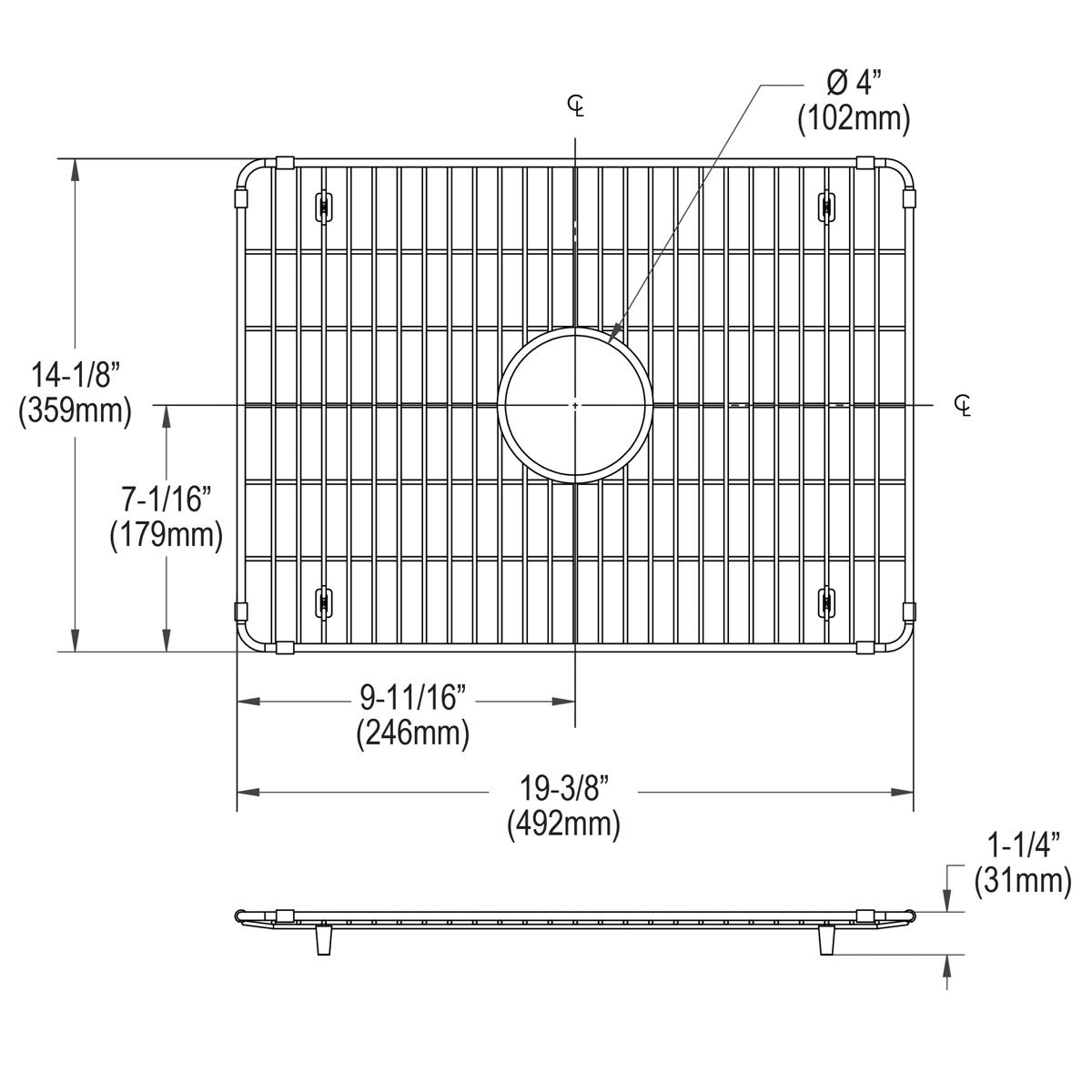 Stainless steel sink grid with vertical slats and center drain opening, shown from top view with dimension callouts.