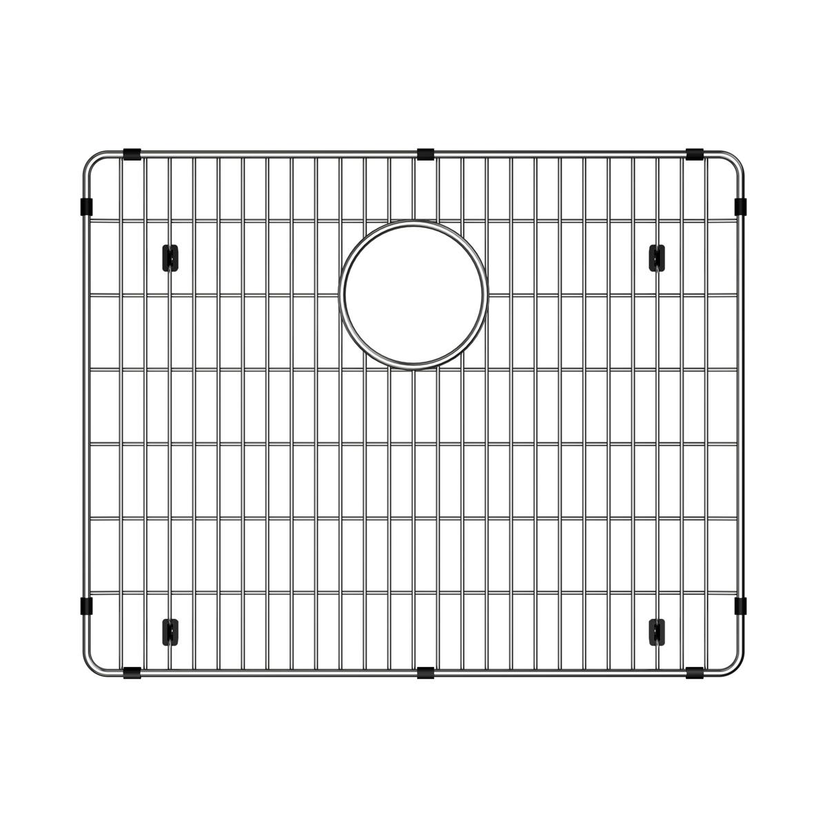 Stainless steel sink grid with vertical wire pattern, center drain hole, and black rubber feet at corners.