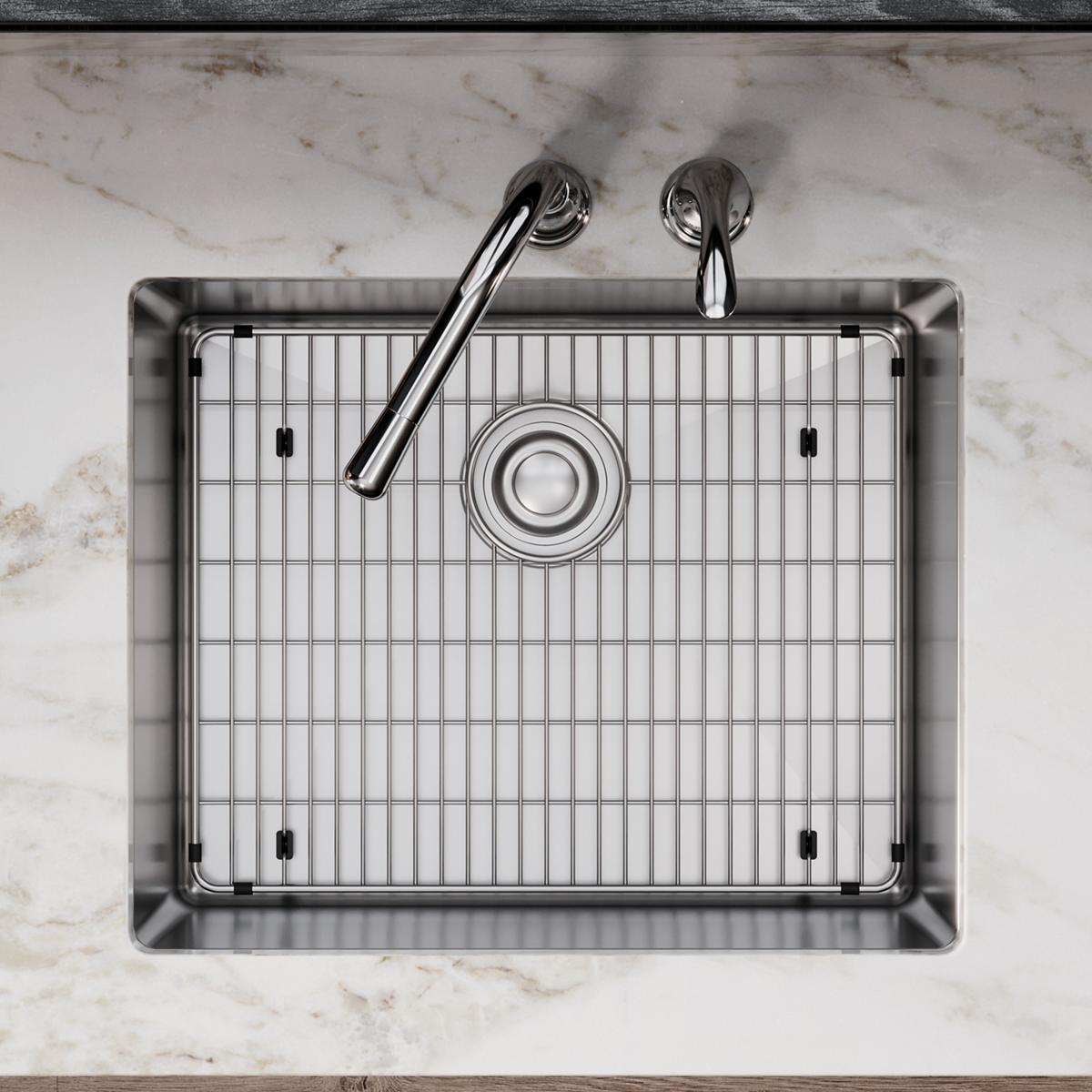 Stainless steel sink bottom grid with vertical rod supports and circular drain hole, viewed from above.