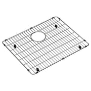 Stainless steel sink grid with parallel slats, centered circular opening, and four rubber feet.