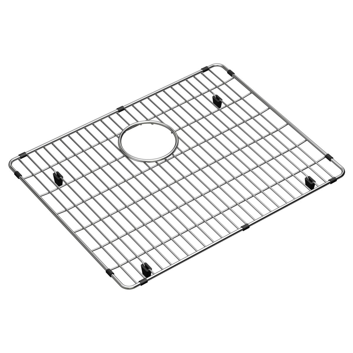 Stainless steel sink grid with parallel slats, centered circular opening, and four rubber feet.