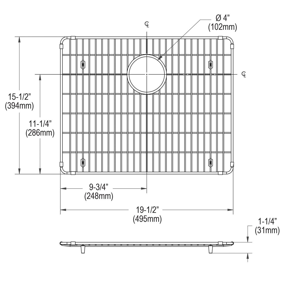 Stainless steel sink grid with parallel slats and center drain hole, shown from top and side view with dimension annotations.