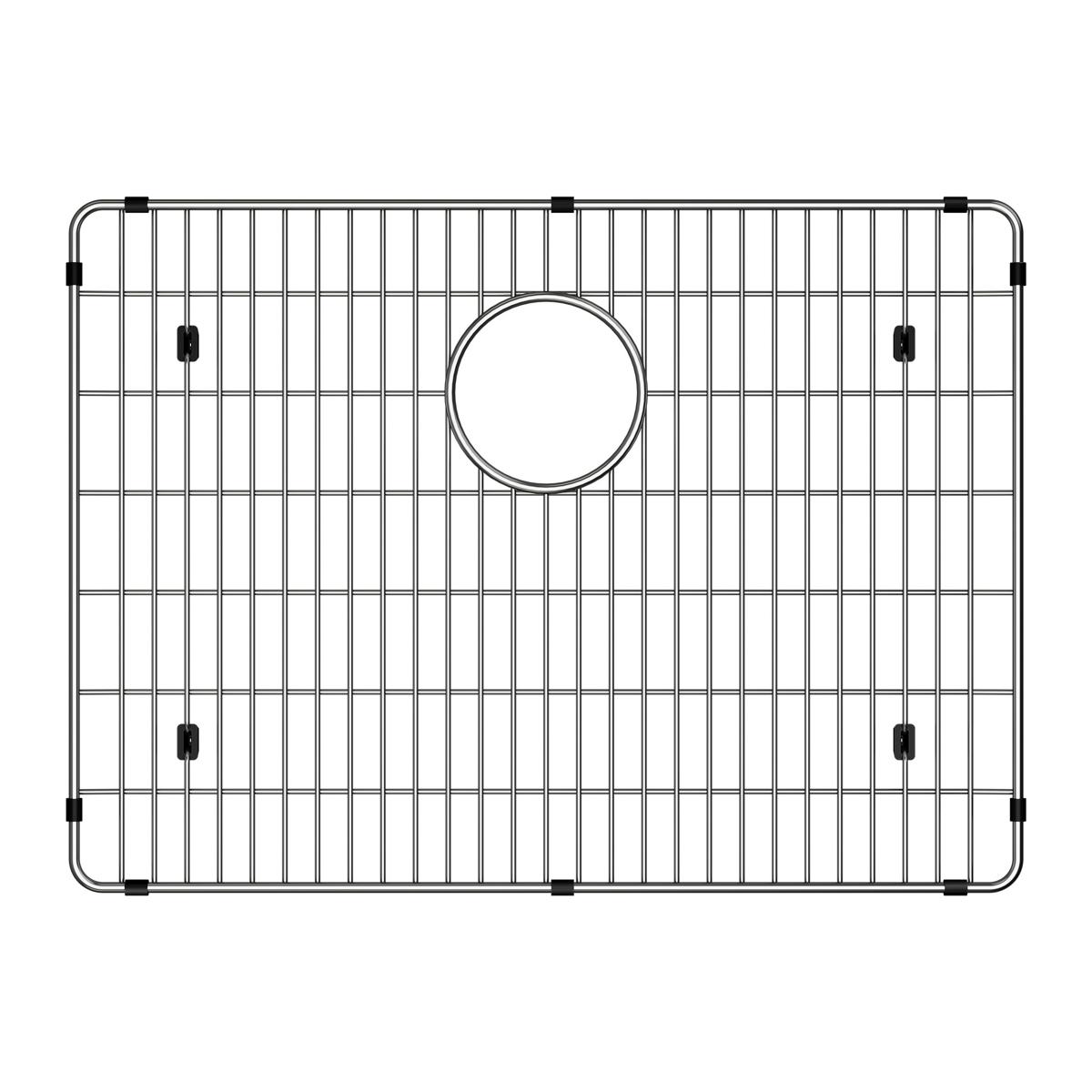 Stainless steel sink grid with vertical bars, rounded corners, circular drain opening, and four corner mounting posts.