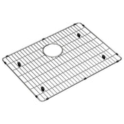 Stainless steel sink grid with parallel slats, center drain hole, and four corner feet for bottom sink placement.