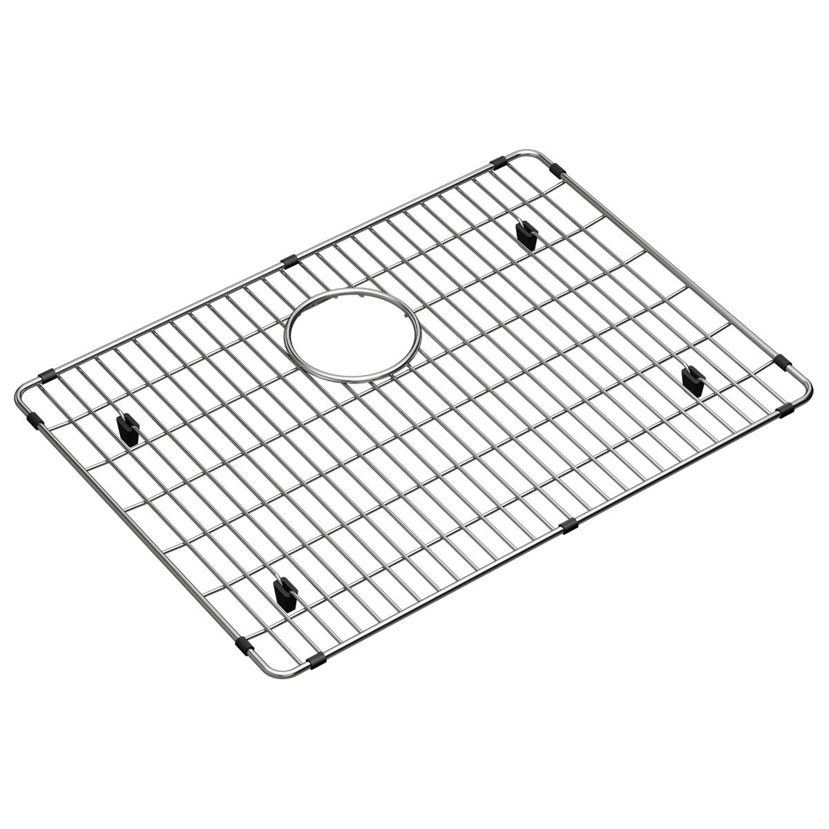 Stainless steel sink grid with parallel slats, center drain hole, and four corner feet for bottom sink placement.