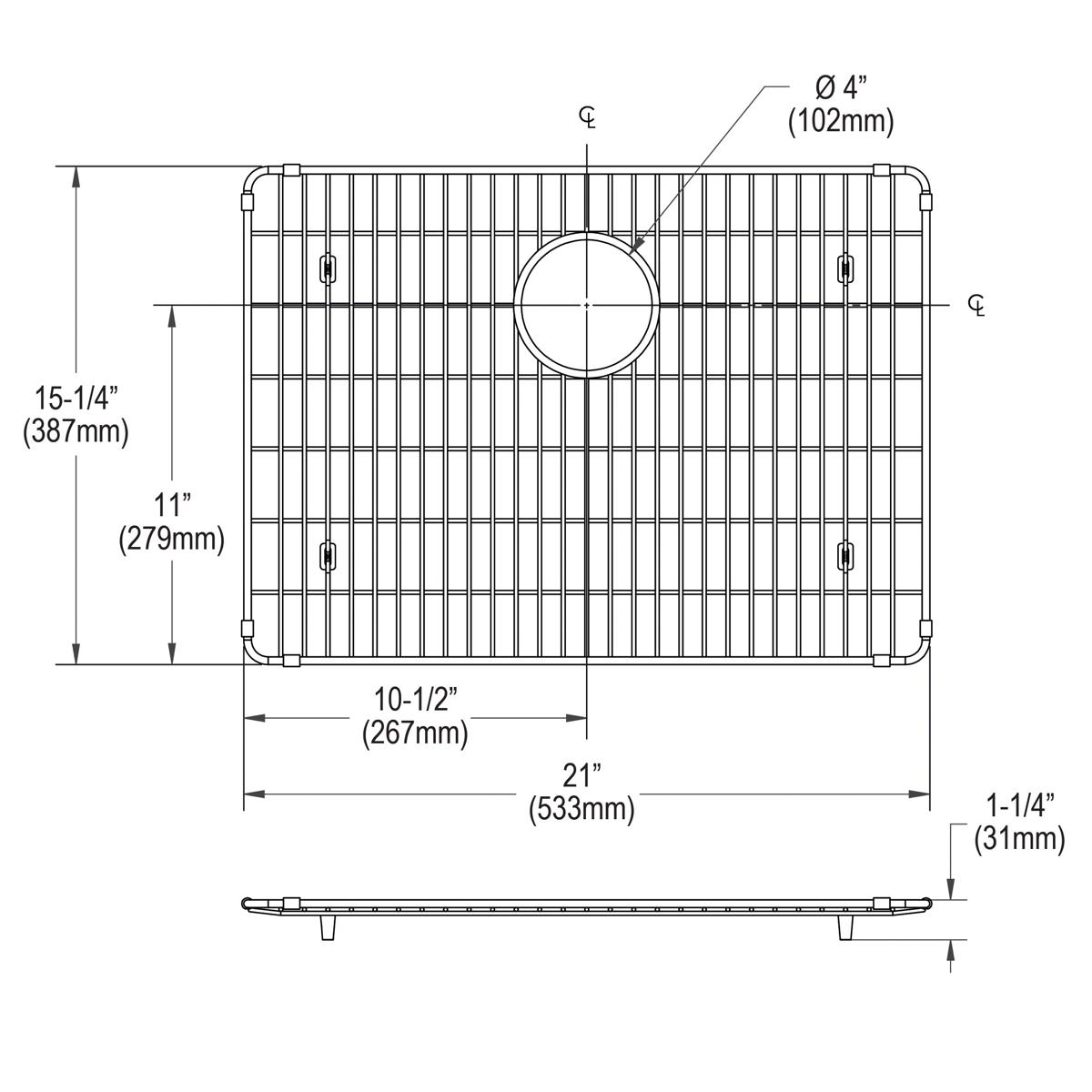 Stainless steel sink grid with vertical slats, circular drain opening, and mounting brackets shown in top and side views.