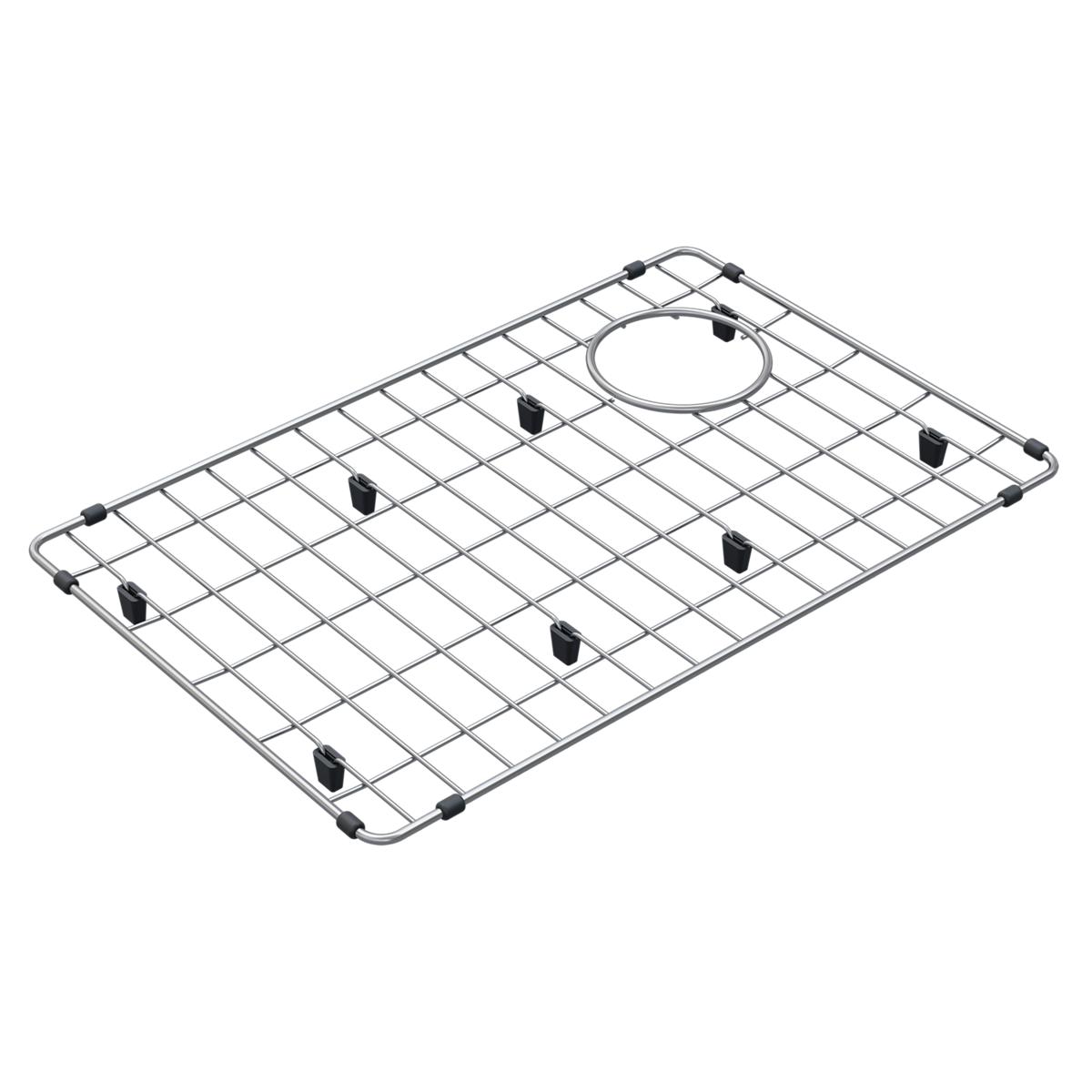 Stainless steel sink grid with rectangular wire pattern and circular drain opening, featuring black rubber feet at corners an
