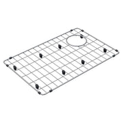 Stainless steel sink grid with rectangular wire pattern and circular drain opening, featuring black rubber feet at corners an
