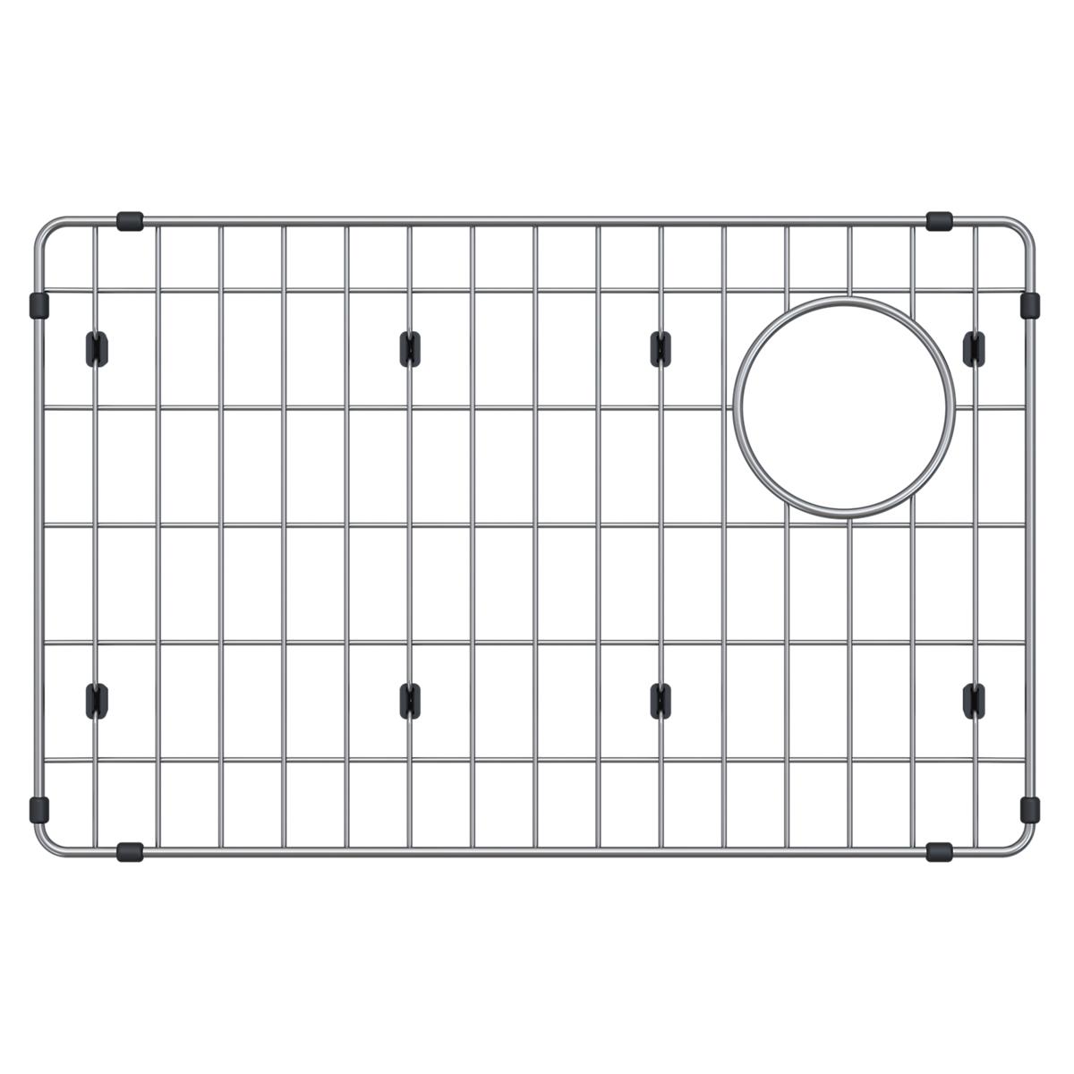 Stainless steel sink grid with rectangular wire pattern, black rubber corner and edge supports, and circular drain hole.
