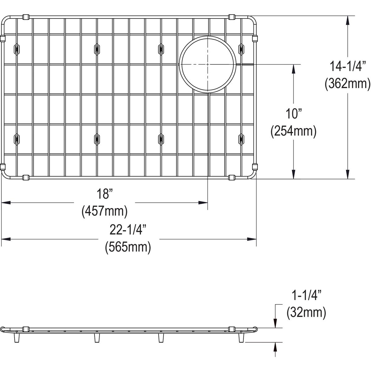 Stainless steel sink grid with square openings and circular drain hole, 22-1/4" x 14-1/4".