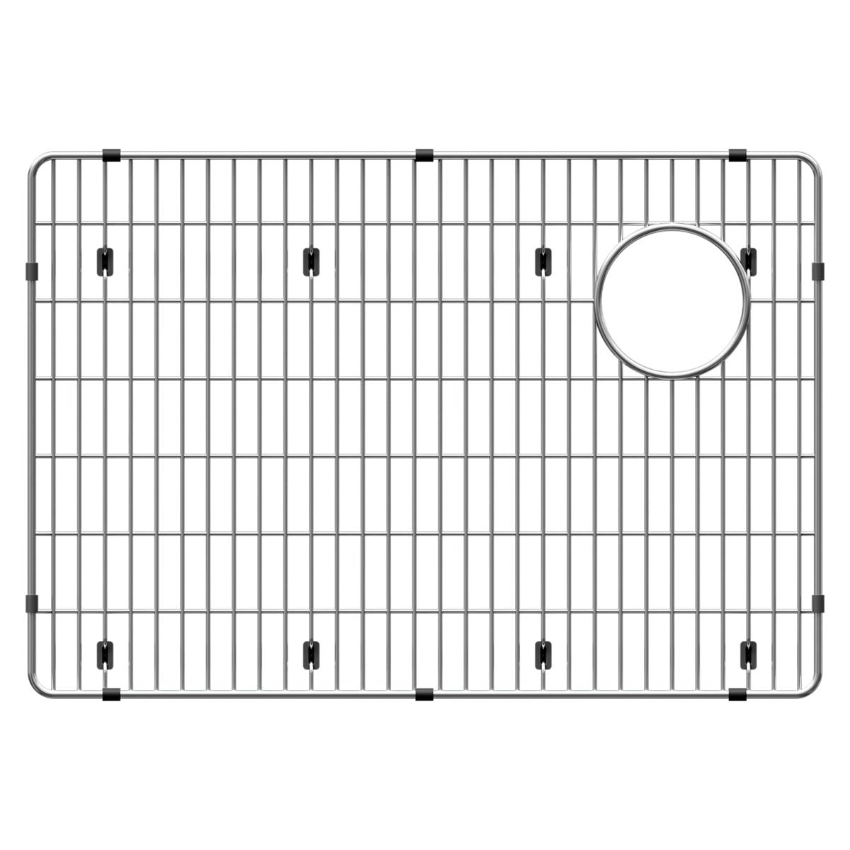 Stainless steel sink grid with vertical slats, rounded corners, circular drain opening, and black rubber feet for placement i