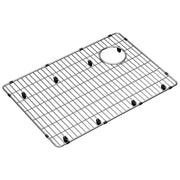 Stainless steel sink grid with parallel slat design, circular drain opening, and black rubber feet on corners.