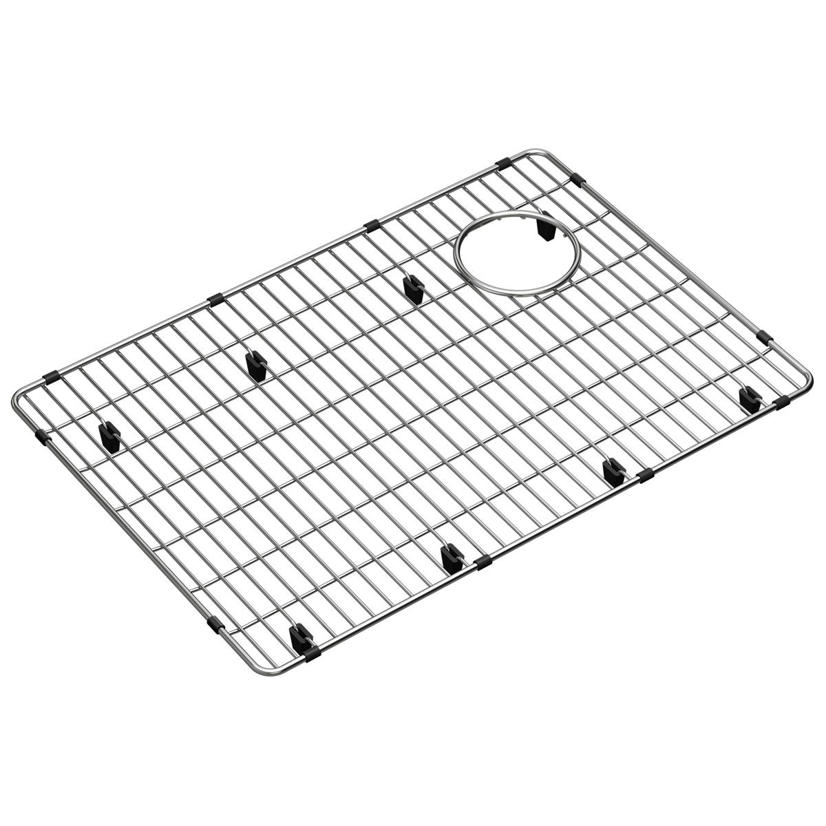 Stainless steel sink grid with parallel slat design, circular drain opening, and black rubber feet on corners.