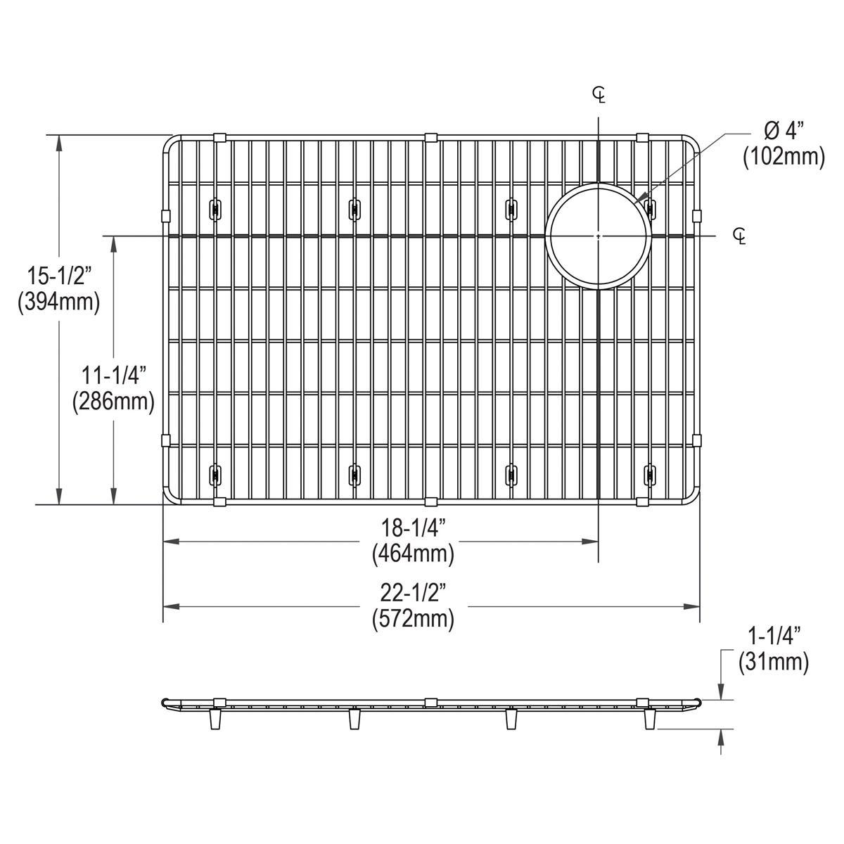 Stainless steel sink grid with vertical slats and circular drain hole, shown in top and side views with mounting brackets and