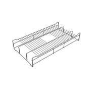 Stainless steel sink grid with parallel bar design and raised corner supports shown at angle.