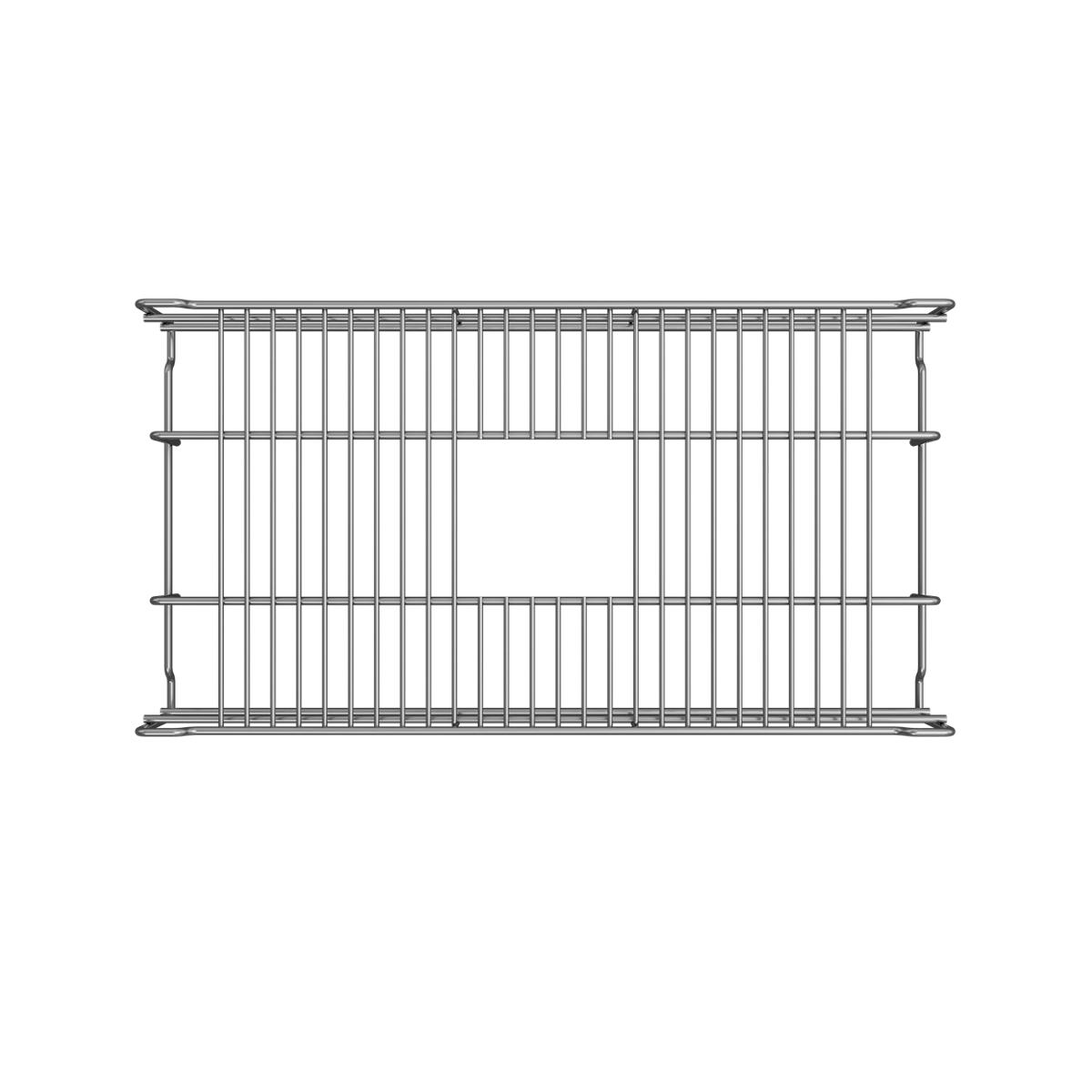 Stainless steel sink grid with parallel wire bars and reinforced frame, reversible design for bottom sink placement.