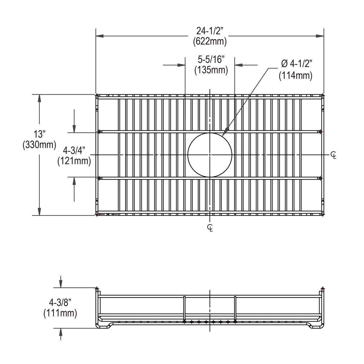 Stainless steel sink grid with parallel slats and circular drain hole, dimensions 24-1/2" x 13" x 4-3/8".