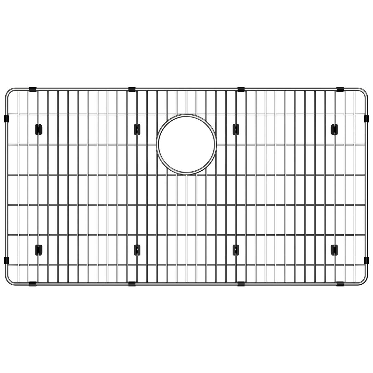 Stainless steel sink grid with vertical wires, circular center drain opening, and black rubber corner feet.