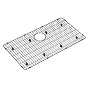 Stainless steel sink grid with parallel slat design, circular drain opening, and black rubber feet.