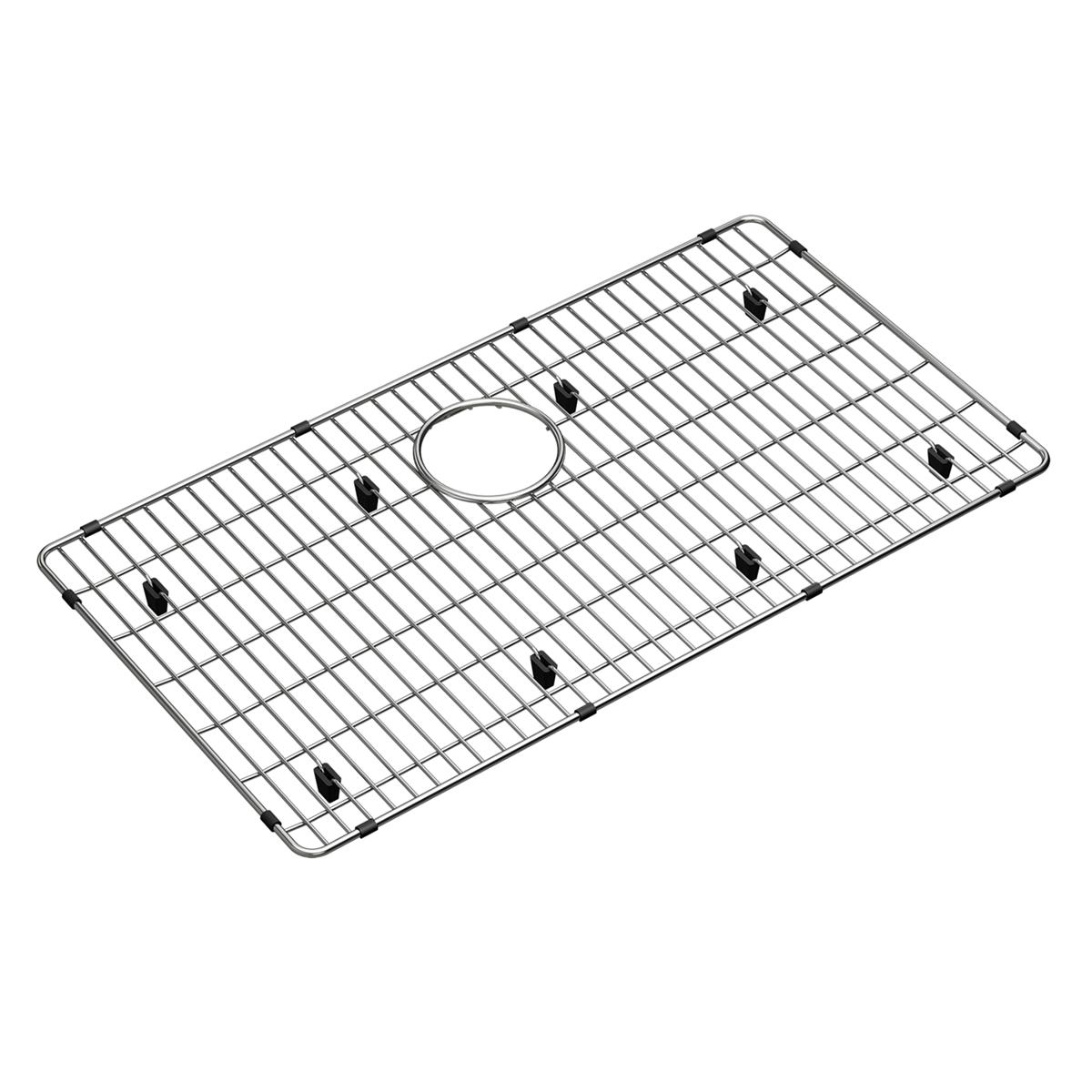Stainless steel sink grid with parallel slat design, circular drain opening, and black rubber feet.