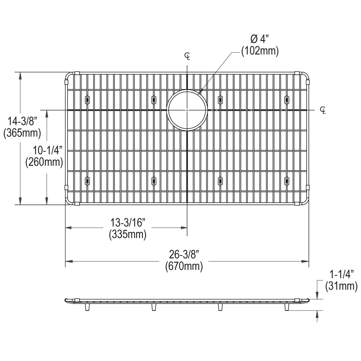 Stainless steel sink bottom grid with parallel slats, center drain hole, and mounting feet, shown from top and side views.