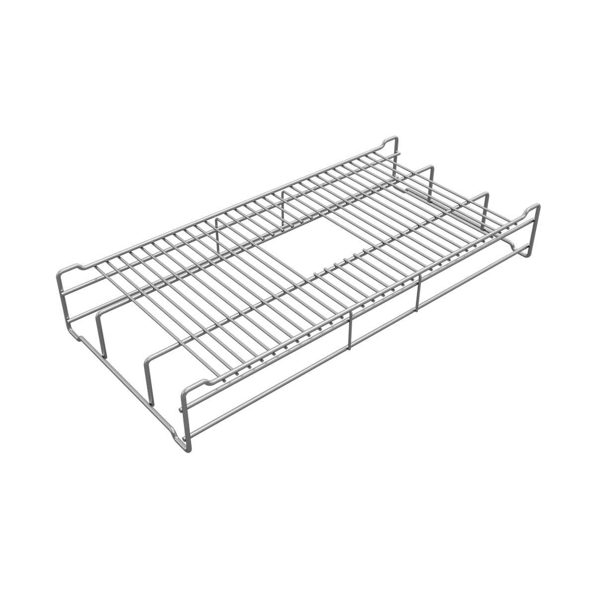 Stainless steel sink grid with parallel slats and raised edges, showing reversible configuration option.
