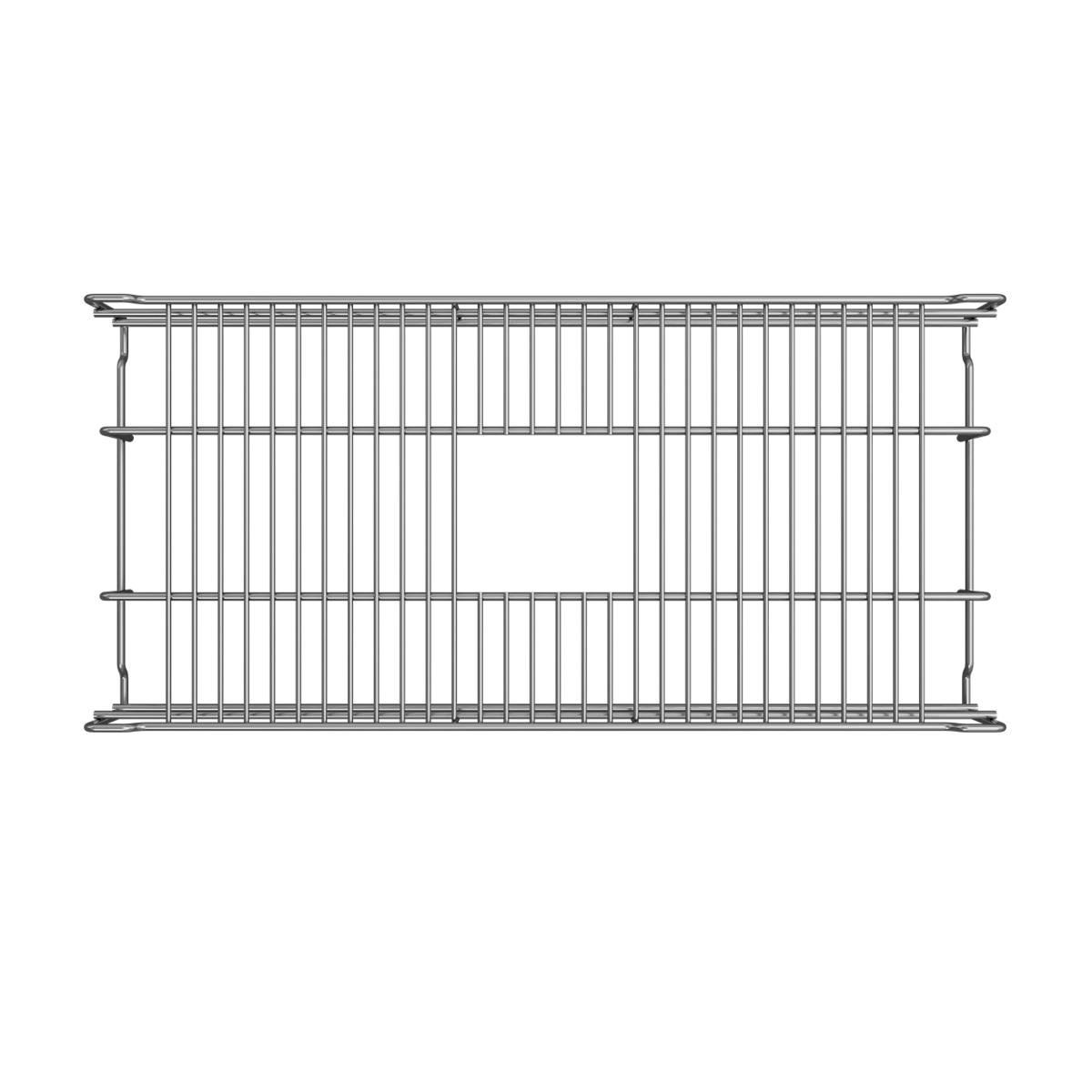 Stainless steel sink grid with parallel bars and rectangular opening in center.