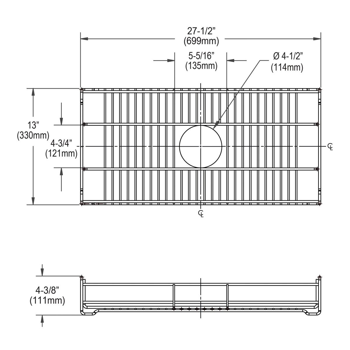 Stainless steel sink grid with vertical slats and circular drain hole, dimensions marked 27-1/2" x 13" x 4-3/8".