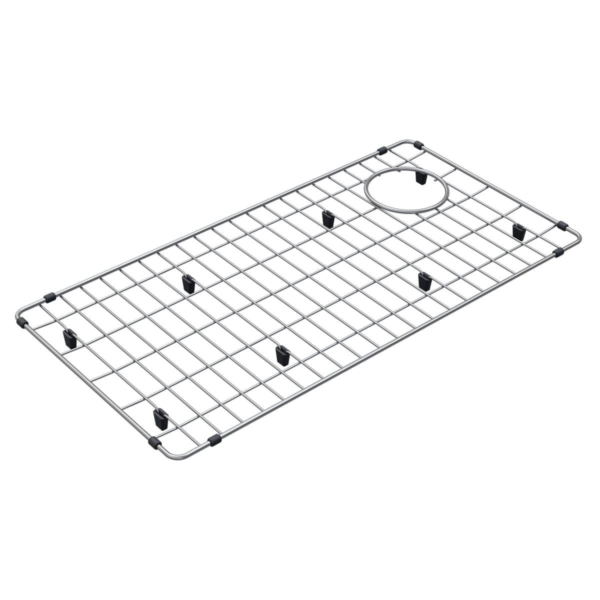 Stainless steel sink grid with square wire pattern and rubber feet, featuring a circular drain hole.