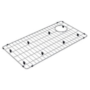 Stainless steel sink grid with square wire pattern and rubber feet, featuring a circular drain hole.
