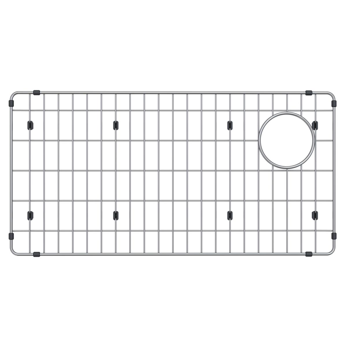 Stainless steel sink grid with wire pattern and circular drain hole, secured with black rubber feet.