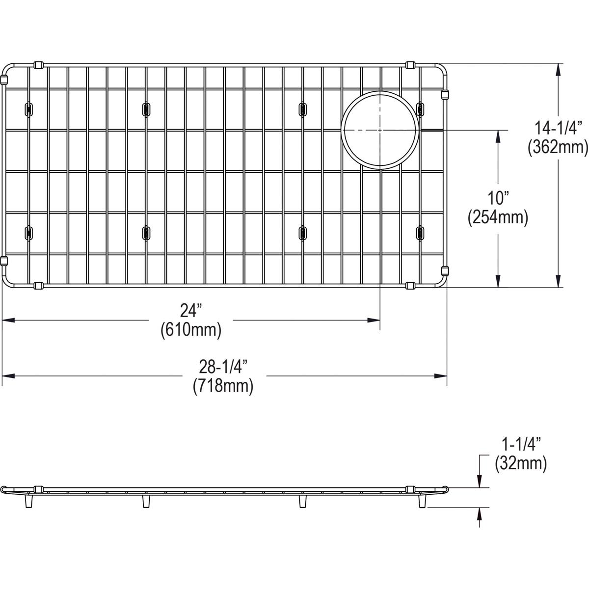 Stainless steel sink bottom grid with vertical wire pattern and circular drain hole, shown in top and side views with dimensi