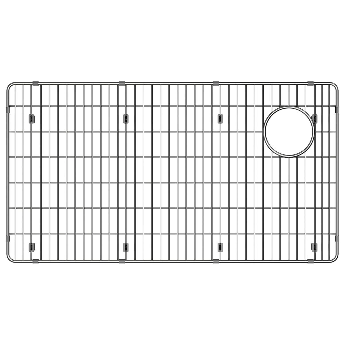 Stainless steel sink grid with vertical bars, rounded corners, and circular drain hole on right side.