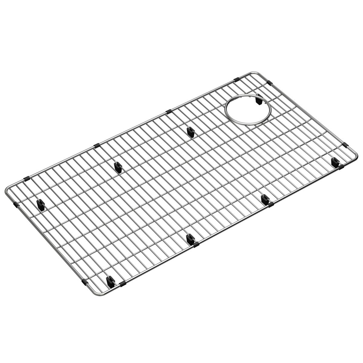 Stainless steel sink grid with parallel slats, rounded corners, black rubber feet, and circular drain opening.