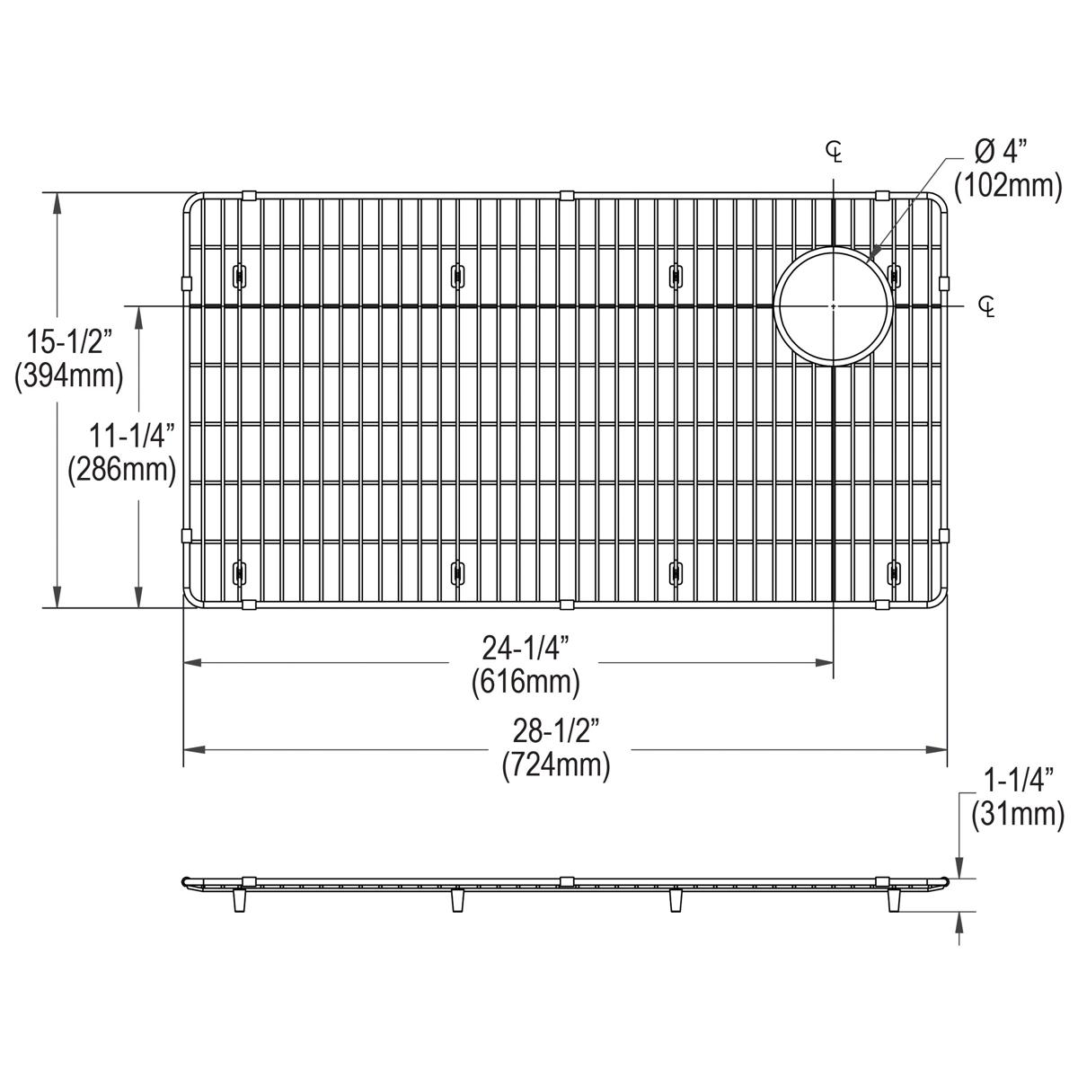Stainless steel sink grid with parallel slat pattern and circular drain opening, shown from top and side views with dimension