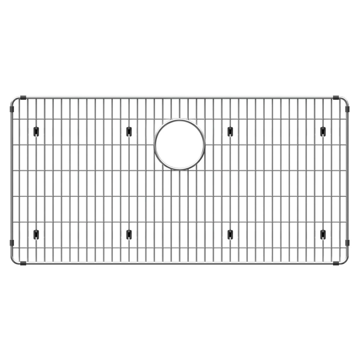 Stainless steel sink grid with vertical wire pattern and center drain hole, featuring black mounting clips at corners and sid