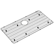 Stainless steel sink grid with parallel wire pattern, center drain hole, and black rubber feet on corners.