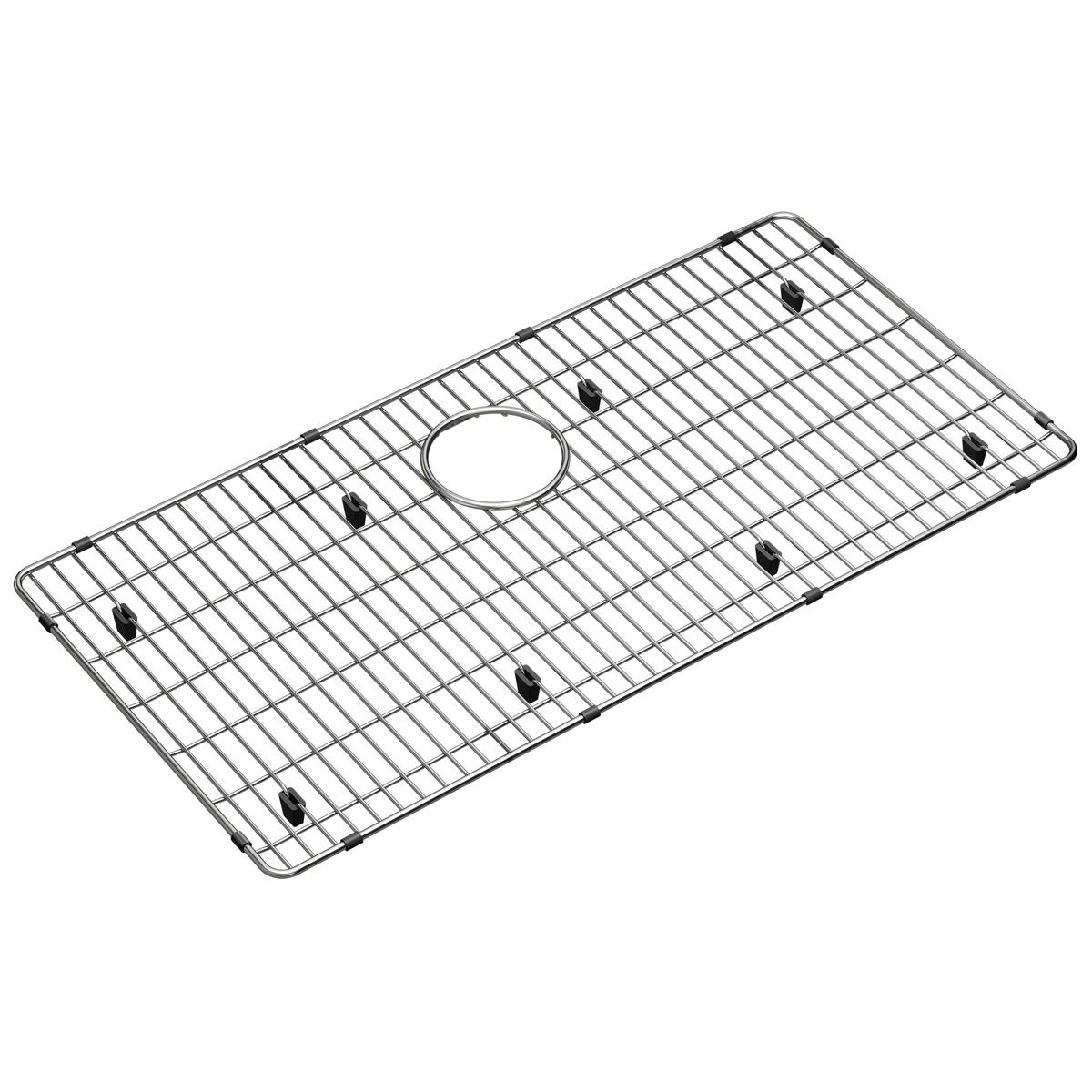Stainless steel sink grid with parallel wire pattern, center drain hole, and black rubber feet on corners.