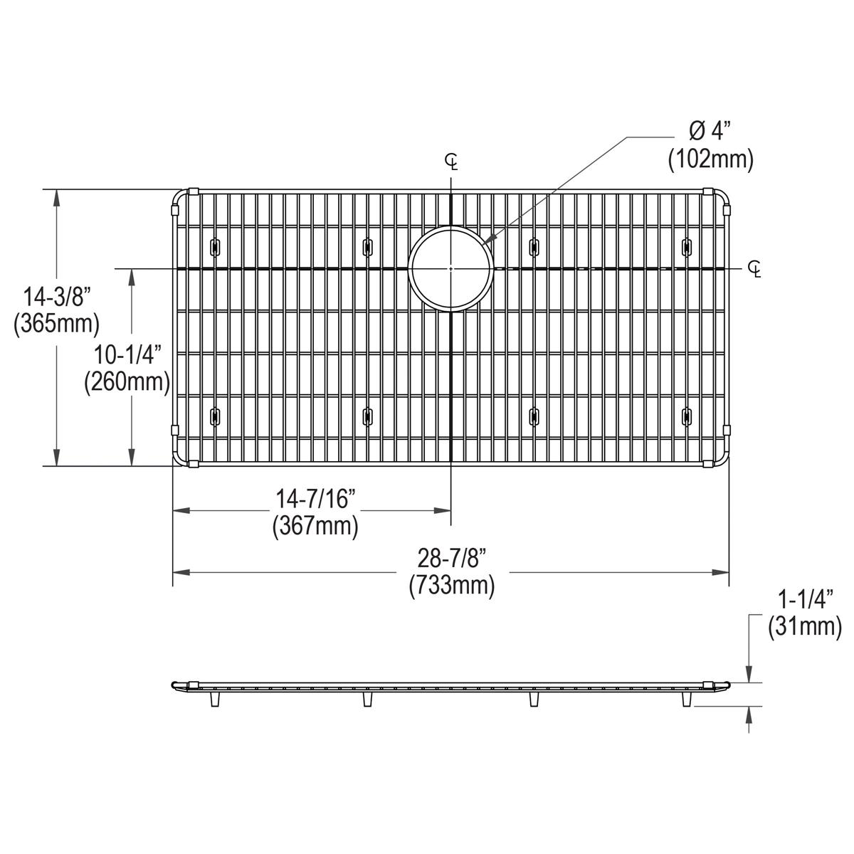 Stainless steel sink grid with parallel slats and center drain hole, shown in top and side view technical drawings.
