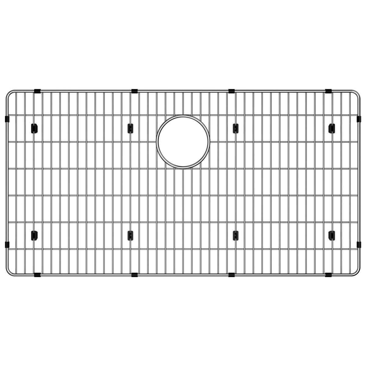 Stainless steel sink grid with vertical slats, circular drain hole, and black rubber feet for bottom of sink basin.
