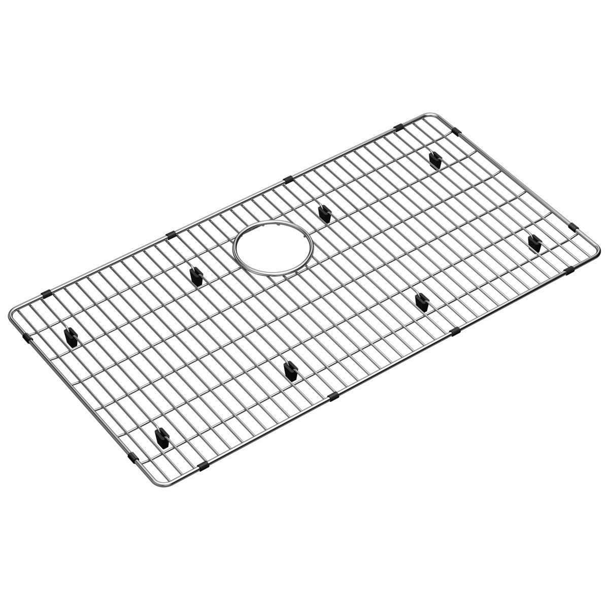 Stainless steel sink grid with parallel wire construction, circular drain opening, and black mounting feet.