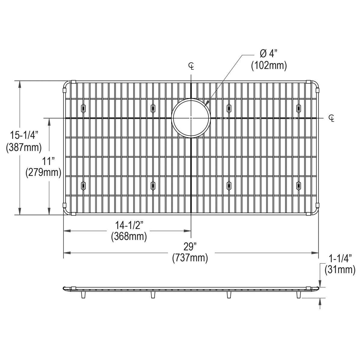 Stainless steel sink grid with parallel bars and center drain hole, shown in top and side view technical drawing.