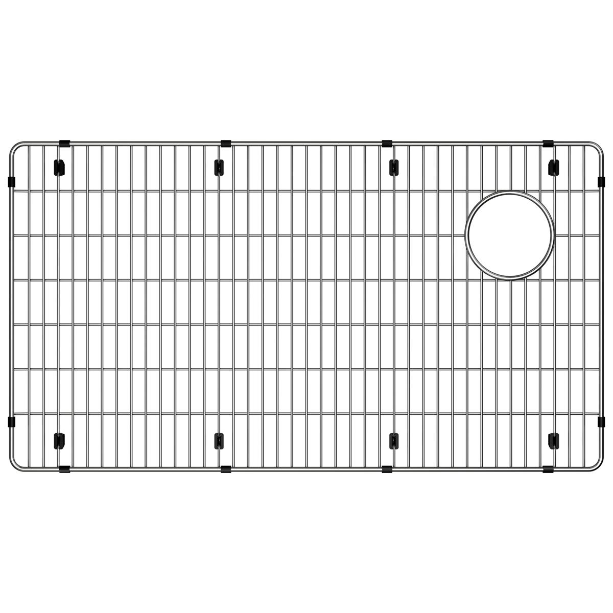 Stainless steel sink bottom grid with vertical slats, black rubber feet, and circular strainer hole on right side.