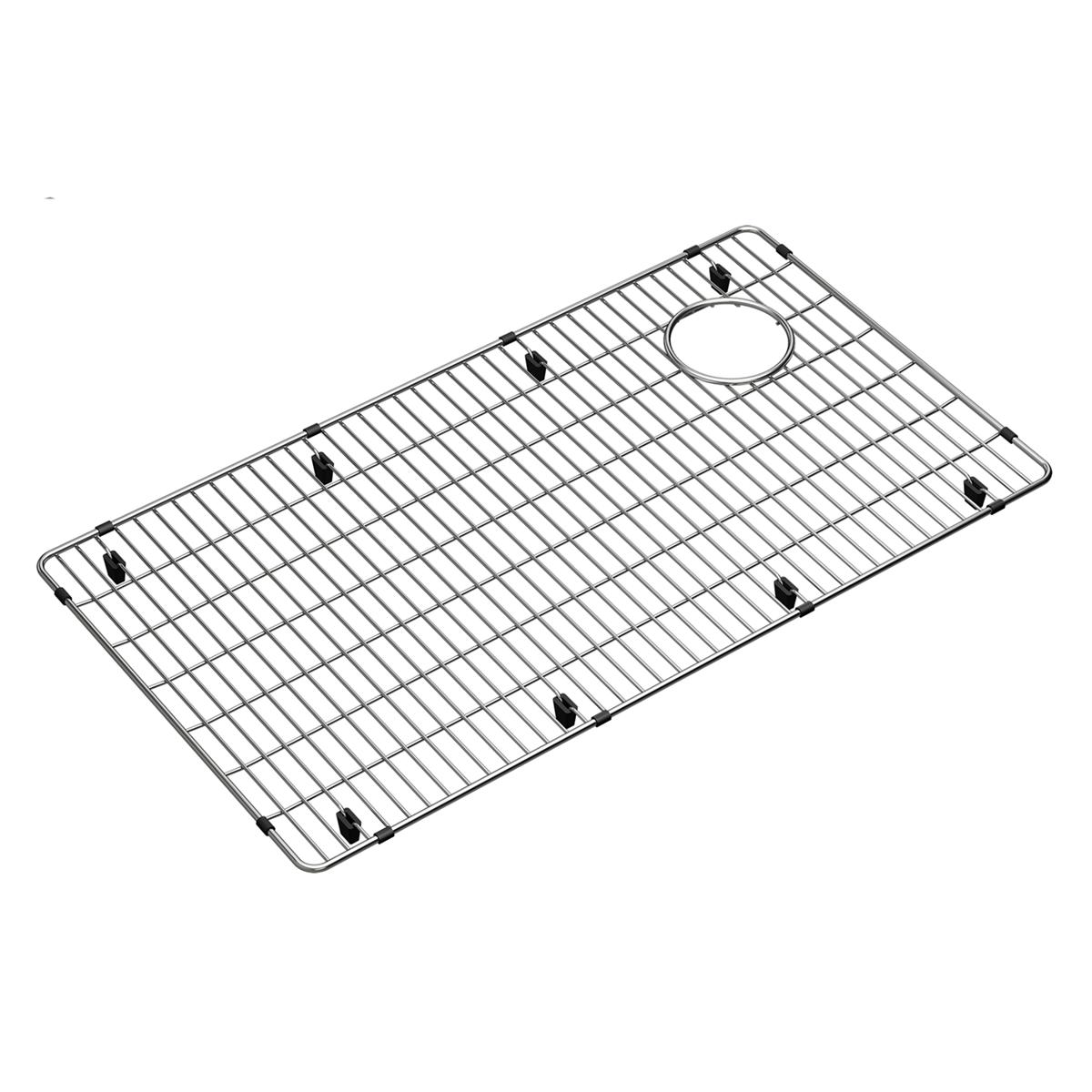 Stainless steel sink bottom grid with parallel wire slats and circular drain hole, featuring black rubber feet.