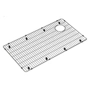 Stainless steel sink bottom grid with parallel wire slats and circular drain hole, featuring black rubber feet.