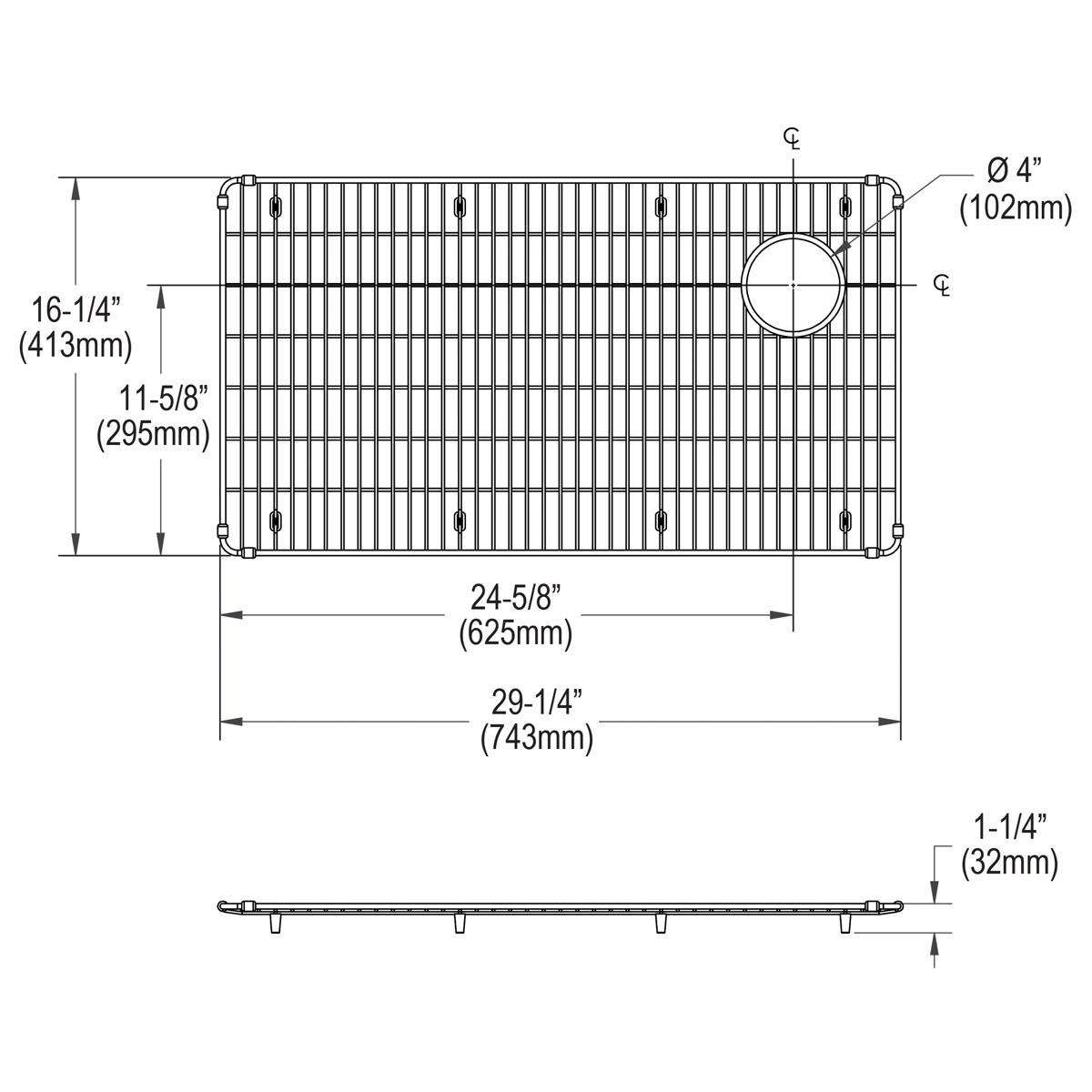 Stainless steel sink bottom grid with parallel slat pattern, rounded corners, and circular drain hole, shown in top and side 
